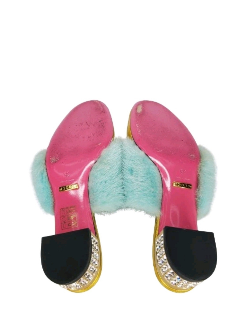 Gucci Gold Metallic Nappa Leather & Aqua Mink Fur Crystal Candy Mules - Picture 6 of 8